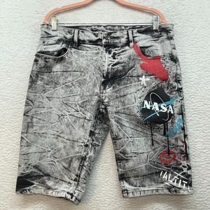 Southpole Shorts Mens 34 Gray Nasa Acid Wash Slim Jorts Jean Denim Y2K Skater